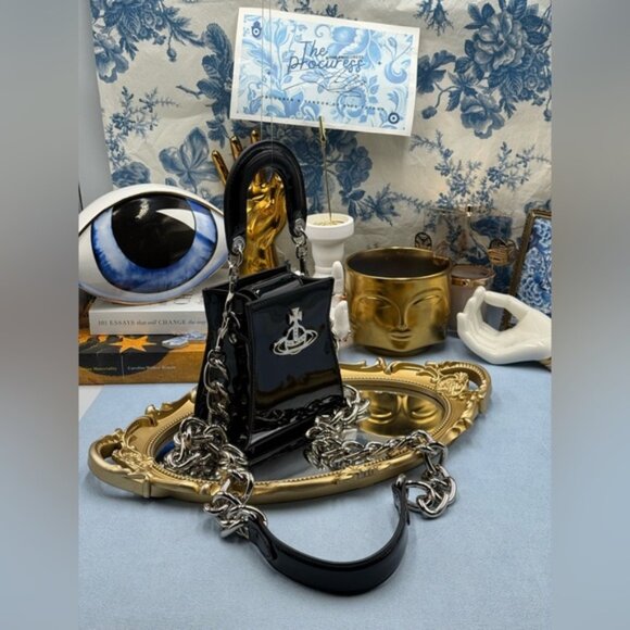 🆕 VIVIENNE WESTWOOD 🧿 NWOT Black Patent Leather Kelly Small Top Handle - AUTH - Picture 8 of 16